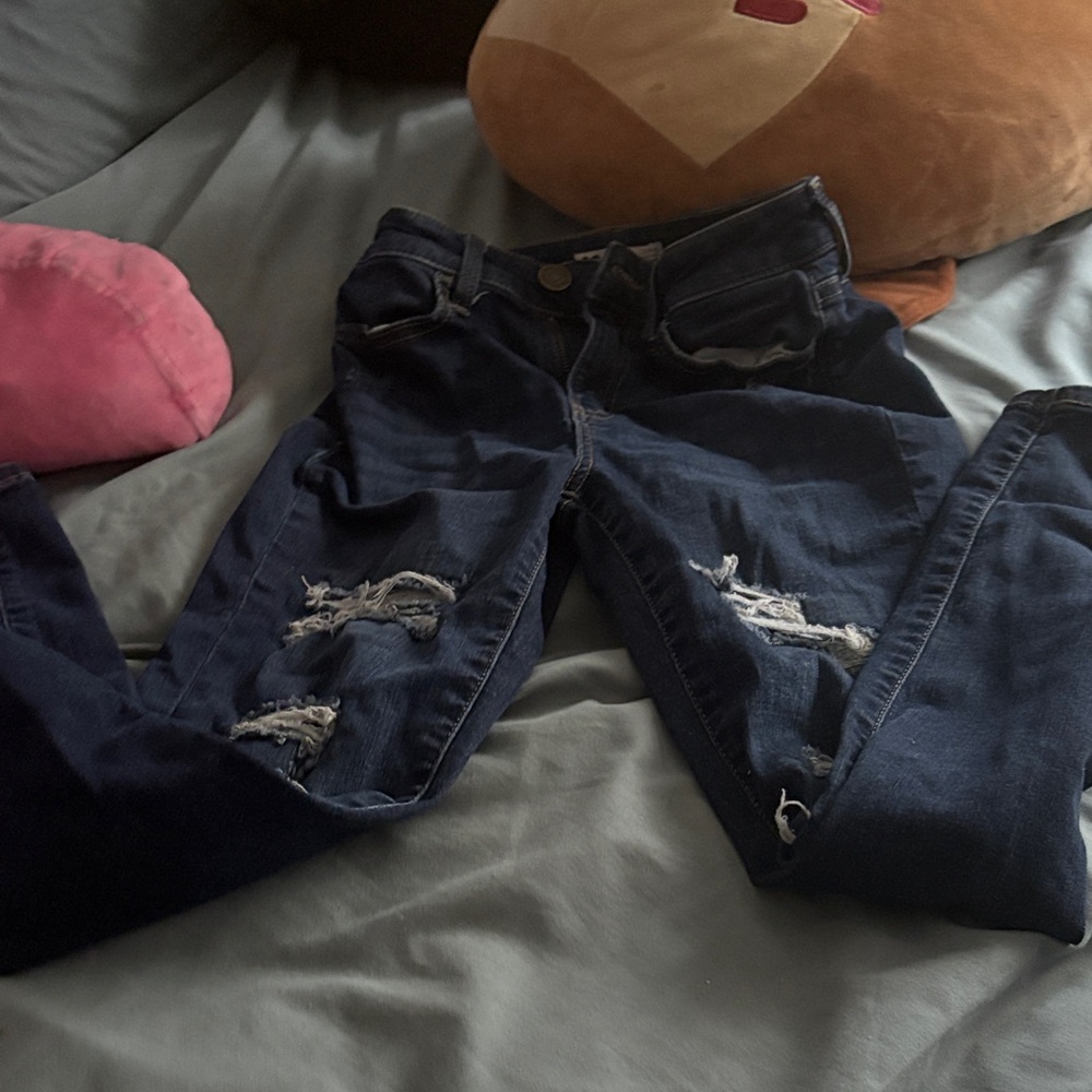 SO dark blue patched ripped jeans